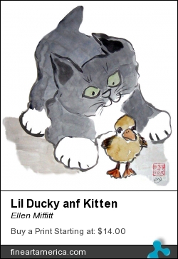 Lil Ducky Anf Kitten by Ellen Miffitt - Painting - Sumi-e On Bristol Paper