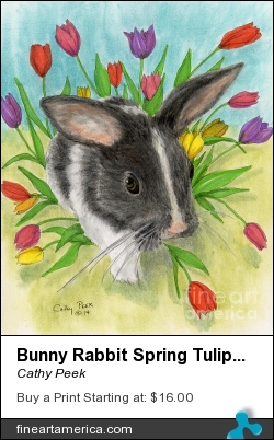 Bunny Rabbit Spring Tulips Cathy Peek Animal Art by Cathy Peek - Painting - Acrylic Ink Watercolor