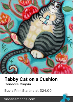 Tabby Cat On A Cushion by Rebecca Korpita - Painting - Acrylic
