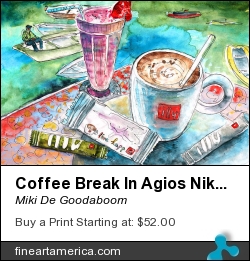 Coffee Break In Agios Nikolaos In Crete by Miki De Goodaboom - Painting - Watercolour And Ink