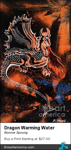 Dragon Warming Water by Bonnie Sprung - Painting - Dimensional Textile Paint On Black Canvas