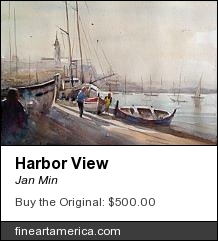 Harbor View by Jan Min - Painting - Aquarel