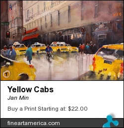 Yellow Cabs by Jan Min - Painting - Aquarel