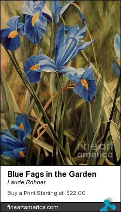 Blue Fags In The Garden by Laurie Rohner - Painting - Watercolor On Paper