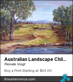 Australian Landscape Children Fishing by Renate Voigt - Painting - Oil On Board