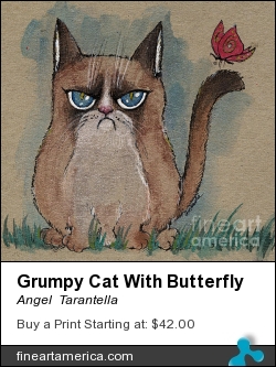 Grumpy Cat With Butterfly by Angel Tarantella - Painting - Ink And Watercolors
