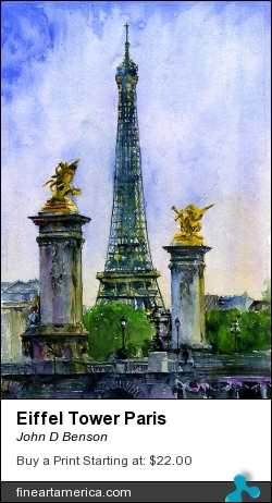 Eiffel Tower Paris by John D Benson - Painting - Watercolor