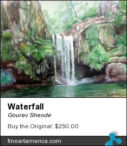 Waterfall by Gourav Sheode - Painting - Watercolor