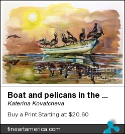 Boat And Pelicans In The Sunset by Katerina Kovatcheva - Painting - Watercolor