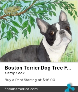 Boston Terrier Dog Tree Frog Cathy Peek Art by Cathy Peek - Painting - Acrylic Ink Watercolor