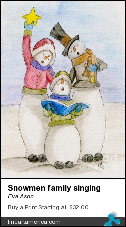 Snowmen Family Singing by Eva Ason - Painting - Watercolour Pencils
