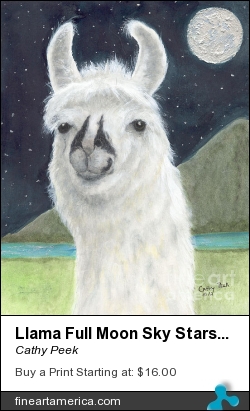 Llama Full Moon Sky Stars Animal Art by Cathy Peek - Painting - Acrylic Ink Watercolor