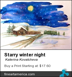 Starry Winter Night by Katerina Kovatcheva - Painting - Watercolor